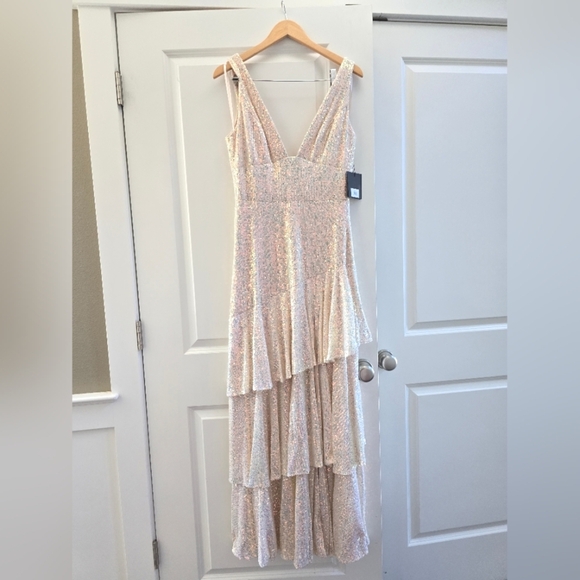 Ieena for Mac Duggal, Sequin Asymmetric Tiered Gown, Iridescent, Size 8,MSRP$398 - Picture 4 of 11